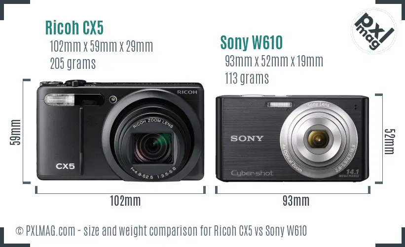 Ricoh CX5 vs Sony W610 size comparison