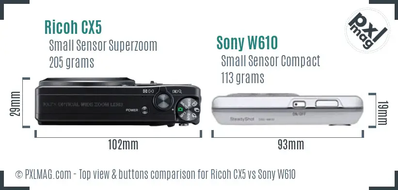 Ricoh CX5 vs Sony W610 top view buttons comparison