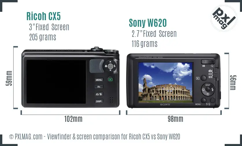 Ricoh CX5 vs Sony W620 Screen and Viewfinder comparison