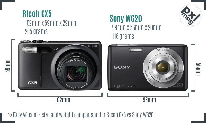 Ricoh CX5 vs Sony W620 size comparison