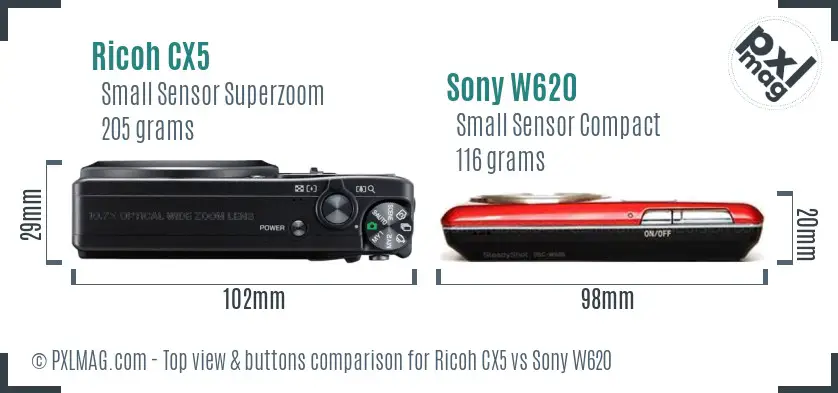 Ricoh CX5 vs Sony W620 top view buttons comparison