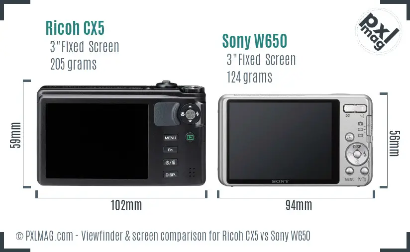 Ricoh CX5 vs Sony W650 Screen and Viewfinder comparison