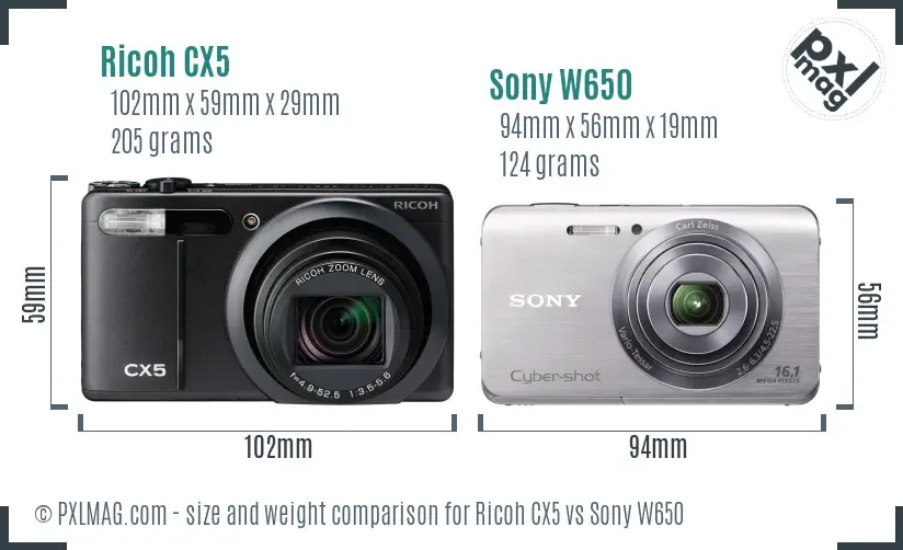 Ricoh CX5 vs Sony W650 size comparison