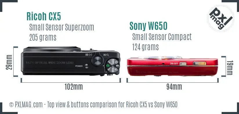 Ricoh CX5 vs Sony W650 top view buttons comparison