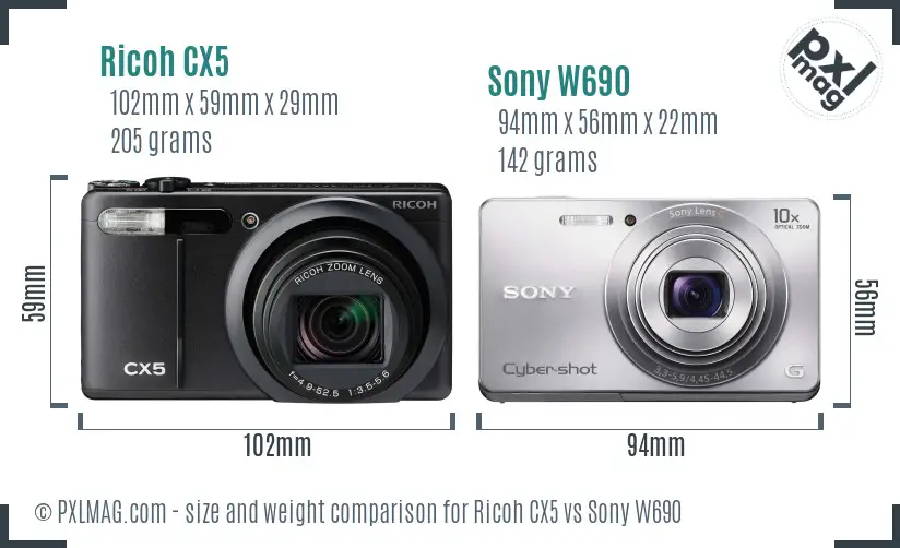 Ricoh CX5 vs Sony W690 size comparison