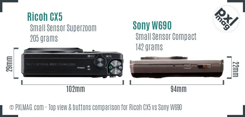 Ricoh CX5 vs Sony W690 top view buttons comparison