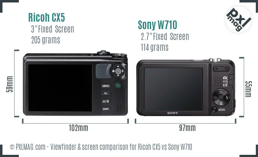 Ricoh CX5 vs Sony W710 Screen and Viewfinder comparison