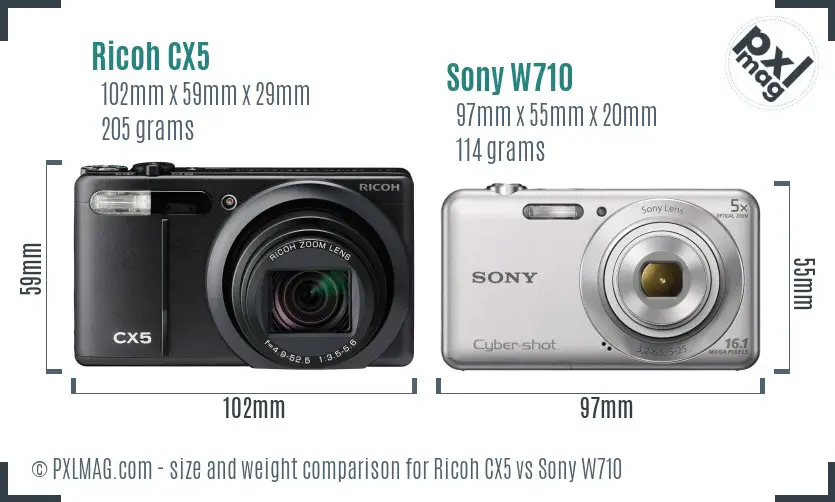 Ricoh CX5 vs Sony W710 size comparison