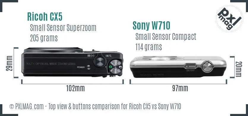 Ricoh CX5 vs Sony W710 top view buttons comparison