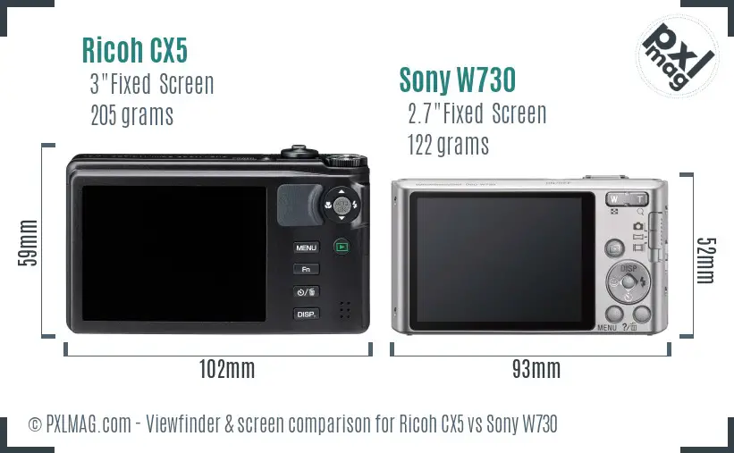 Ricoh CX5 vs Sony W730 Screen and Viewfinder comparison