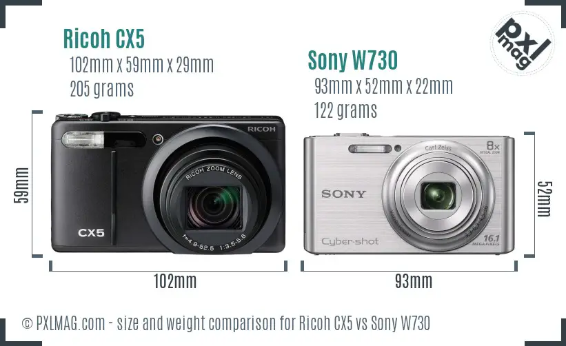 Ricoh CX5 vs Sony W730 size comparison