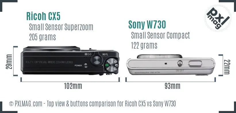 Ricoh CX5 vs Sony W730 top view buttons comparison