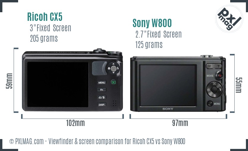 Ricoh CX5 vs Sony W800 Screen and Viewfinder comparison