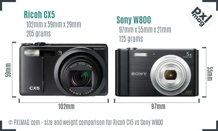 Ricoh CX5 vs Sony W800 size comparison