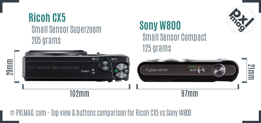 Ricoh CX5 vs Sony W800 top view buttons comparison