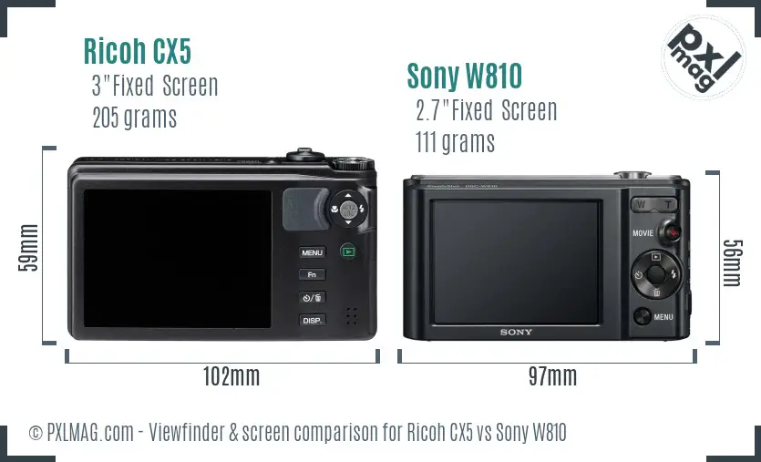 Ricoh CX5 vs Sony W810 Screen and Viewfinder comparison