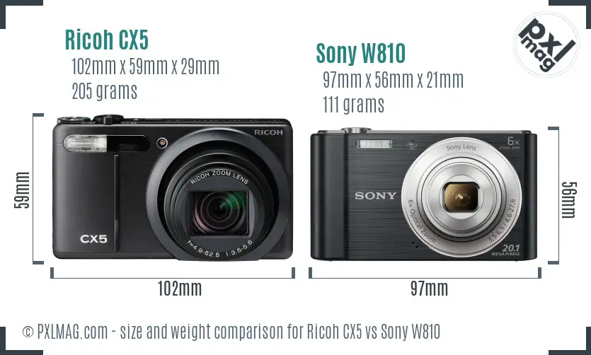 Ricoh CX5 vs Sony W810 size comparison