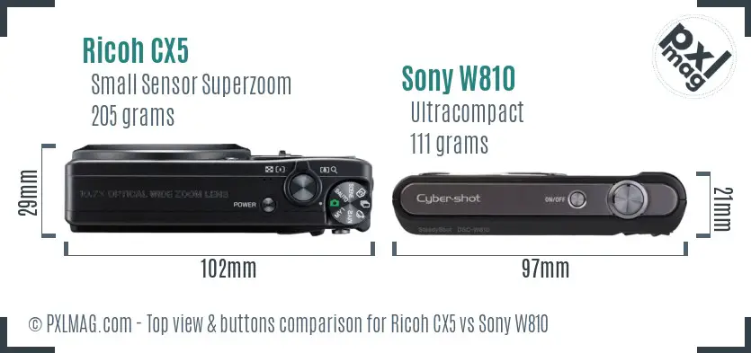 Ricoh CX5 vs Sony W810 top view buttons comparison