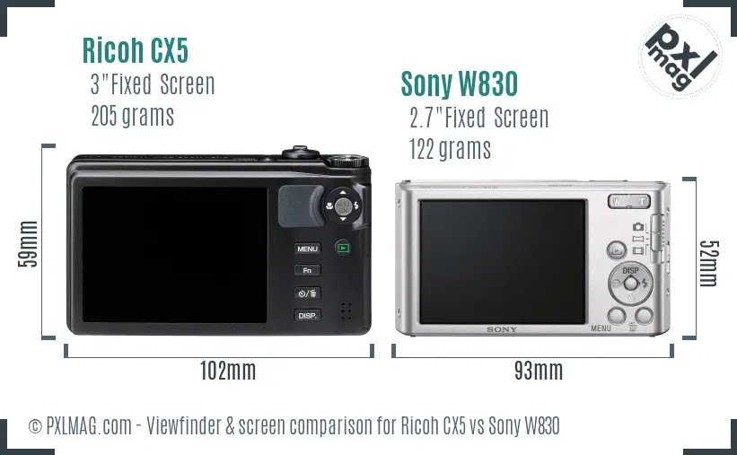 Ricoh CX5 vs Sony W830 Screen and Viewfinder comparison
