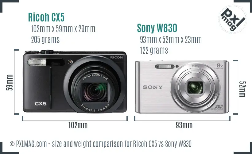 Ricoh CX5 vs Sony W830 size comparison