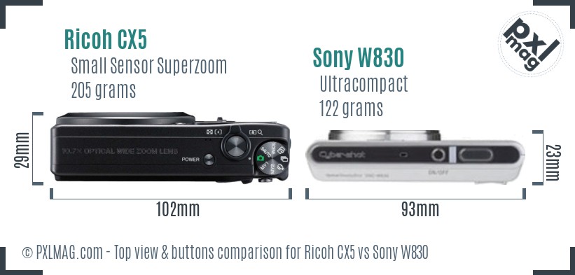 Ricoh CX5 vs Sony W830 top view buttons comparison