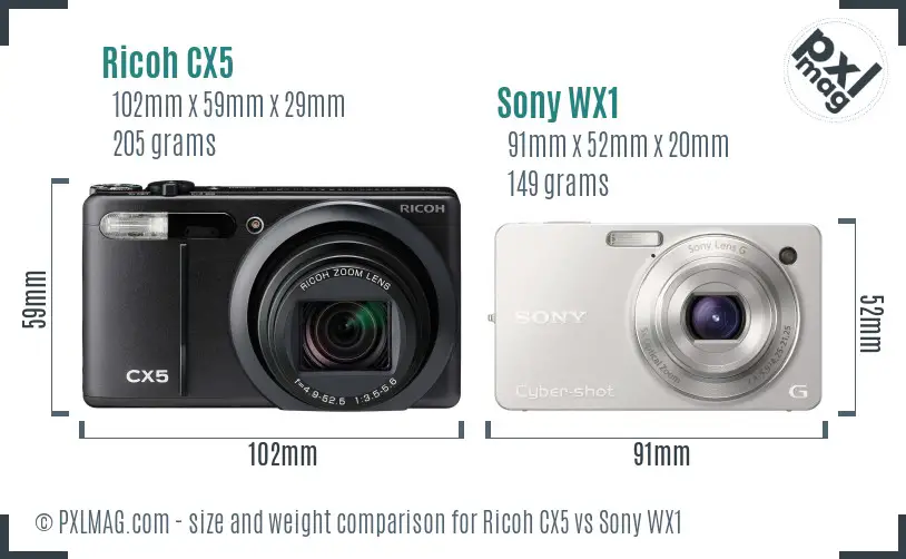 Ricoh CX5 vs Sony WX1 size comparison