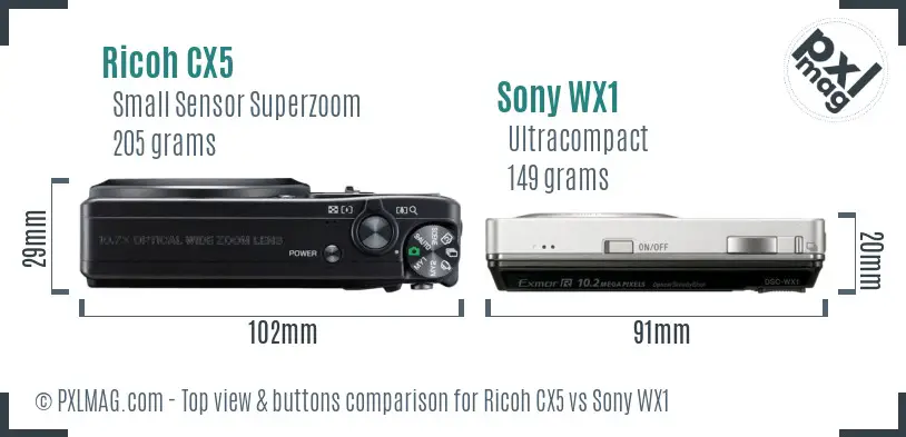 Ricoh CX5 vs Sony WX1 top view buttons comparison