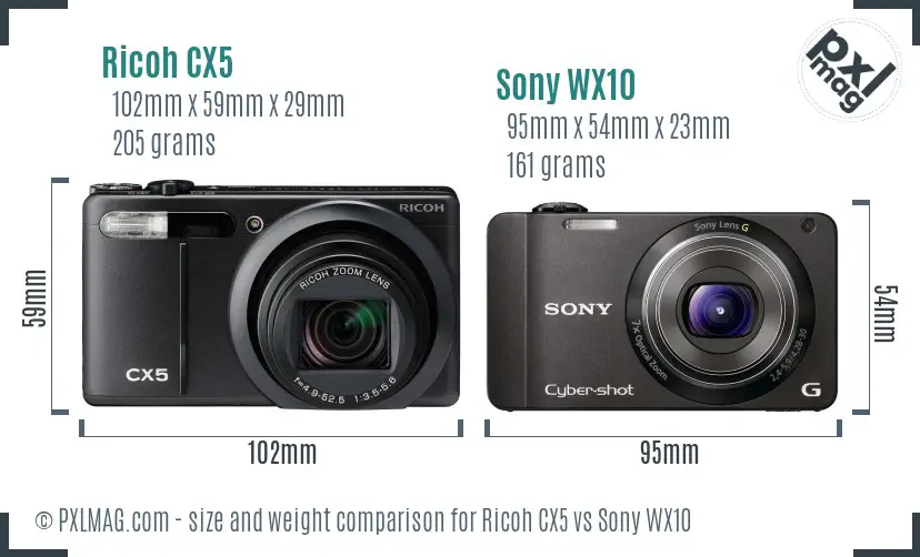 Ricoh CX5 vs Sony WX10 size comparison
