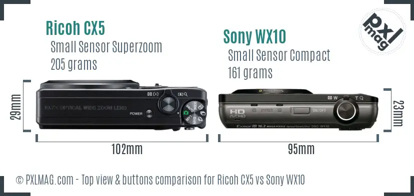Ricoh CX5 vs Sony WX10 top view buttons comparison
