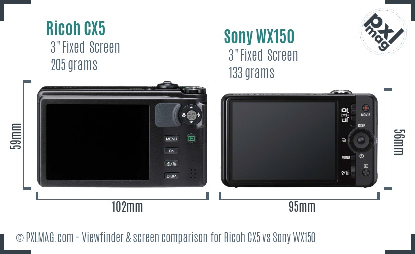 Ricoh CX5 vs Sony WX150 Screen and Viewfinder comparison