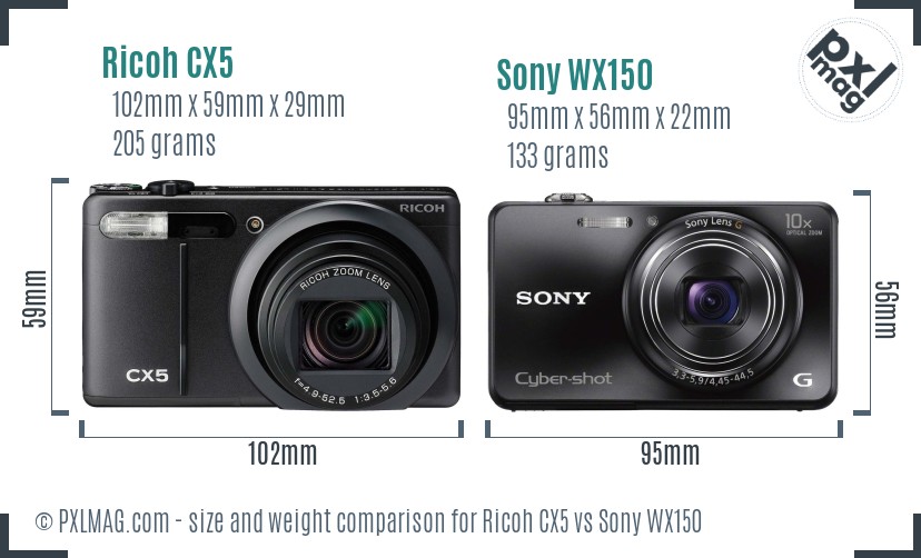 Ricoh CX5 vs Sony WX150 size comparison