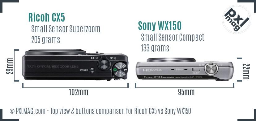 Ricoh CX5 vs Sony WX150 top view buttons comparison