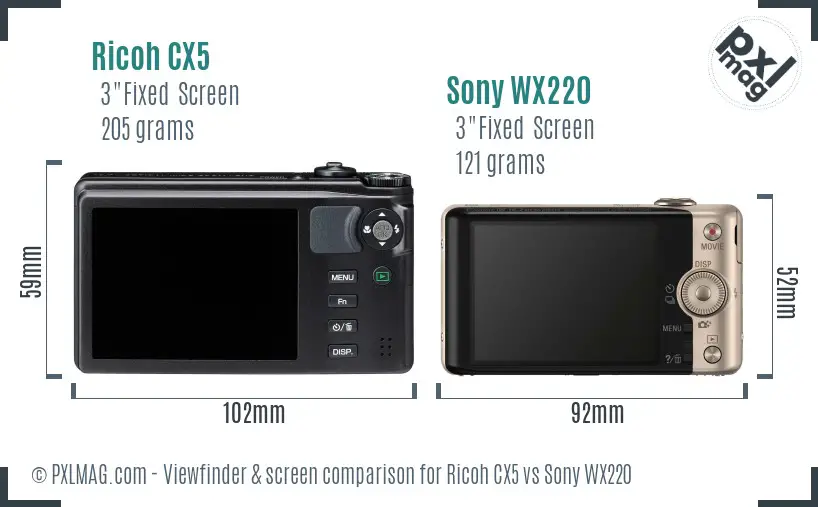 Ricoh CX5 vs Sony WX220 Screen and Viewfinder comparison
