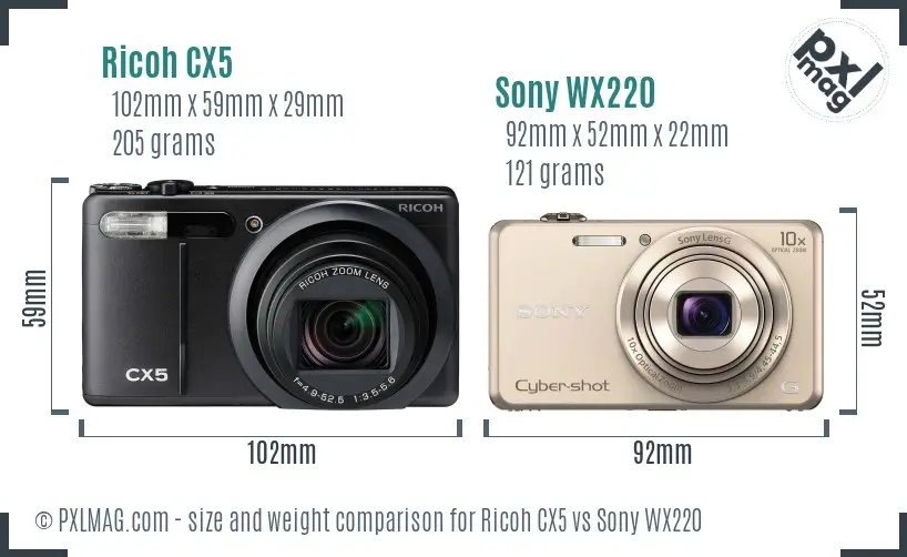 Ricoh CX5 vs Sony WX220 size comparison