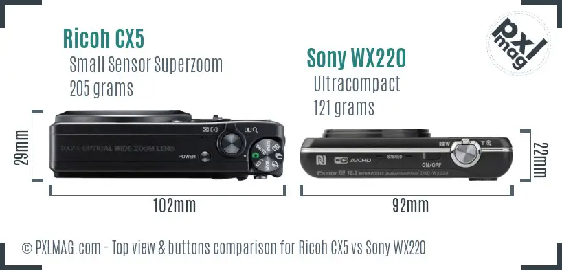 Ricoh CX5 vs Sony WX220 top view buttons comparison