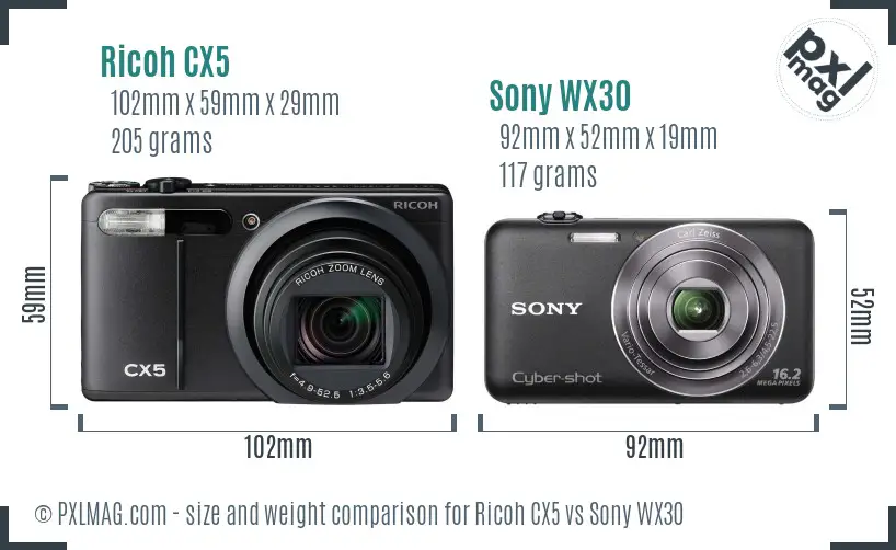 Ricoh CX5 vs Sony WX30 size comparison