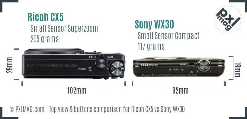 Ricoh CX5 vs Sony WX30 top view buttons comparison