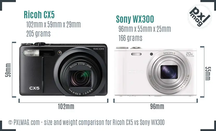 Ricoh CX5 vs Sony WX300 size comparison