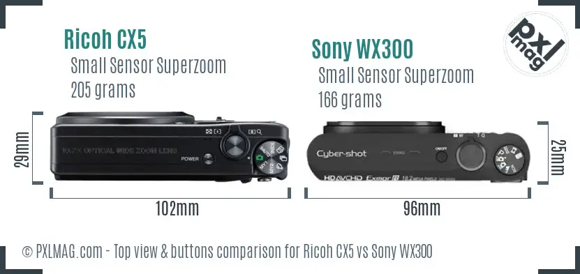 Ricoh CX5 vs Sony WX300 top view buttons comparison