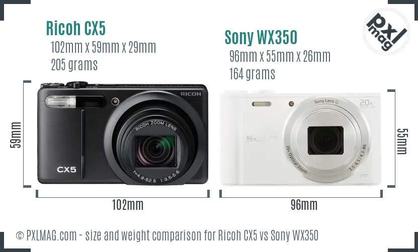 Ricoh CX5 vs Sony WX350 size comparison
