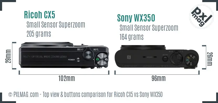 Ricoh CX5 vs Sony WX350 top view buttons comparison