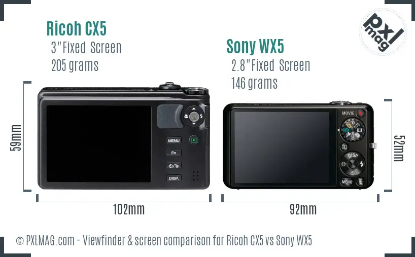 Ricoh CX5 vs Sony WX5 Screen and Viewfinder comparison