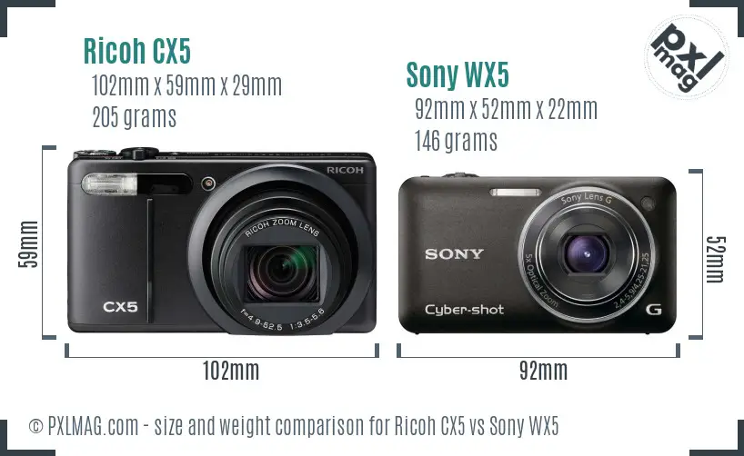 Ricoh CX5 vs Sony WX5 size comparison