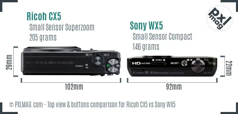 Ricoh CX5 vs Sony WX5 top view buttons comparison