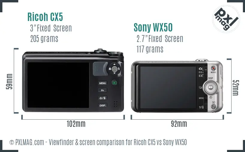 Ricoh CX5 vs Sony WX50 Screen and Viewfinder comparison
