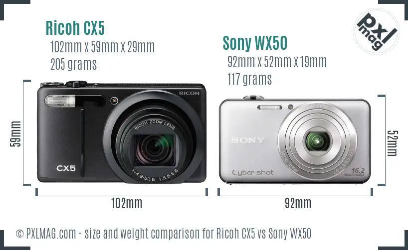 Ricoh CX5 vs Sony WX50 size comparison