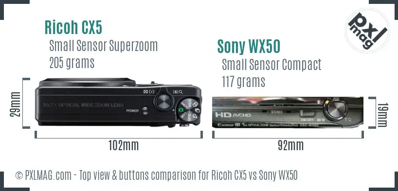 Ricoh CX5 vs Sony WX50 top view buttons comparison