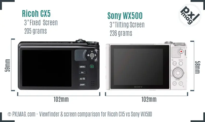 Ricoh CX5 vs Sony WX500 Screen and Viewfinder comparison