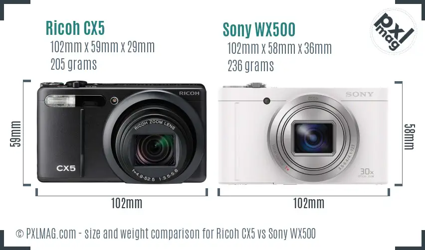 Ricoh CX5 vs Sony WX500 size comparison