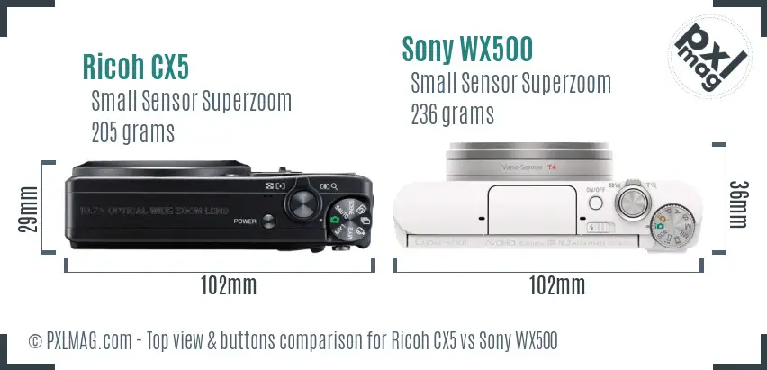 Ricoh CX5 vs Sony WX500 top view buttons comparison
